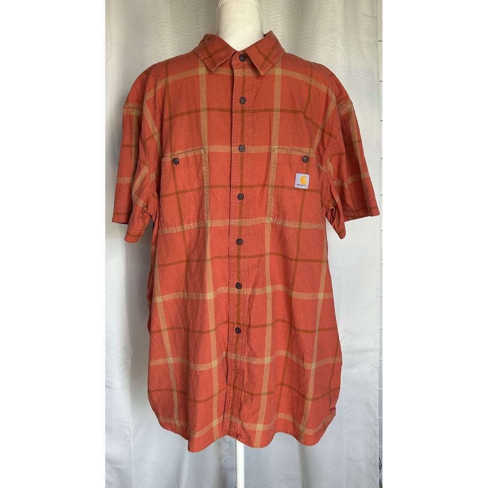 Carhartt Rugged Flex Plaid Shirt Mens 2XL Tall Relaxed Fit Short Sleeve Orange